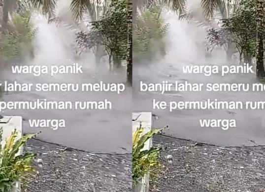 Detik-detik banjir lahar Gunung Semeru meluap ke pemukiman warga. (Sumber: TikTok)