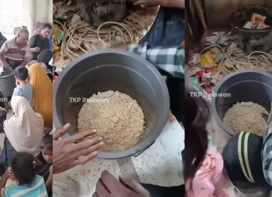 Momen ketika para pengungsi membuka mie mentah dan memasukannya kedalam baskom untuk dimakan. (Sumber: Instagram/@tkpbelawan)