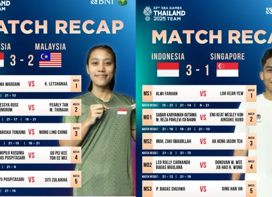Hasil pertandingan SEA Games 2025 untuk cabor badminton. Tim Indonesia lolos ke final. (Sumber: X/@INABadminton)