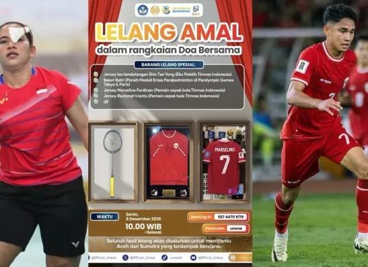 Jersey Marselino Ferdinand Sampai Raket Leani Ratri Ikut Dilelang. (Sumber: Instagram/@official_unesa)