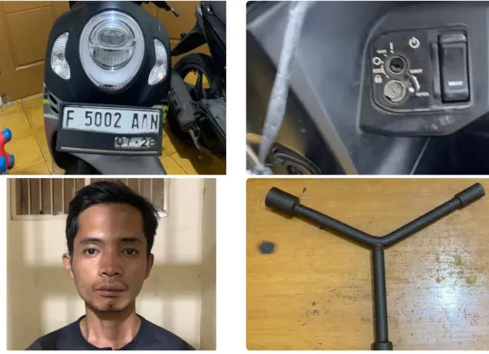 Barang bukti dan tampang pelaku pencuri sepeda motor di Dramaga, Kabupaten Bogor. (Sumber: Polsek Dramaga)
