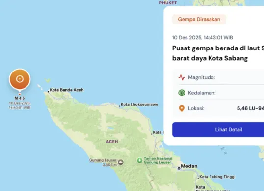 Gempa terkini 4,6 M guncang Sabang Aceh, 10 Desember 2025 pukul 14:43 WIB. (Sumber: bmkg.go.id)
