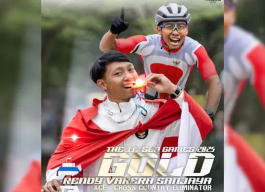 Perolehan medali emas Indonesia ke-8 di Sea Games 2025 oleh Rendy Sanjaya cabor MTB. (Sumber: Instagram/@icf_cycling)