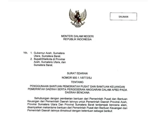 Surat Edaran (SE) Mendagri Nomor 900.1.1/9772/SJ tentang Penggunaan Bantuan Pemerintah Pusat dan Bantuan Keuangan Pemerintah Daerah (Pemda) serta Pergeseran Anggaran. (Sumber: Dok. Kemendagri)