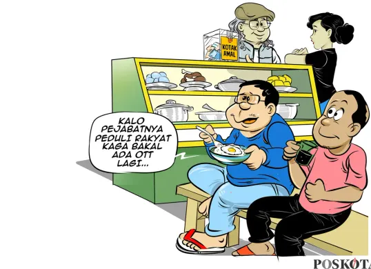Ilustrasi obrolan di warteg, tiga sahabat membahas bahwa pejabat yang benar-benar peduli rakyat tidak akan terjerat OTT, menggambarkan keresahan publik atas maraknya kasus korupsi kepala daerah. (Sumber: Poskota/Arif Setiadi)