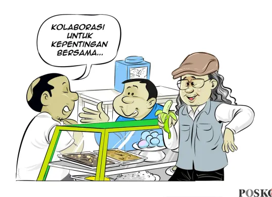 Ilustrasi obrolan tiga sahabat di warteg yang menggambarkan diskusi santai namun kritis tentang kolaborasi, kepentingan bersama, dan pentingnya menanggalkan ego sektoral demi tujuan bersama. (Sumber: Poskota/Arif Setiadi)