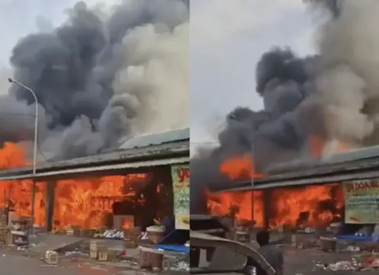 Kebakaran Pasar Induk Kramat Jati, Jakarta Timur, Senin pagi. Dugaan sementara pemicu arus pendek listrik. 19 unit mobil damkar dikerahkan. Simak kronologi selengkapnya. (Sumber: X/@MurtadhaOne1)