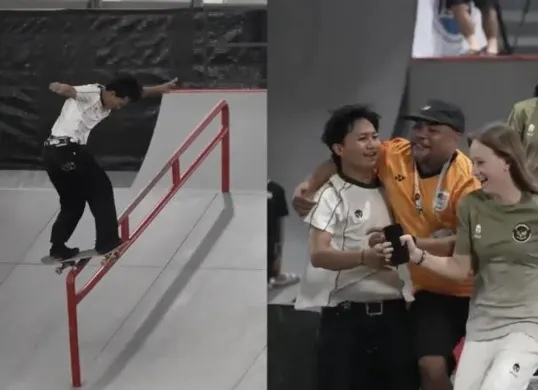 Momen selebrasi skateboard Indonesia di SEA Games 2025 jadi sorotan. Pelatih Malaysia Mariss Khan viral ikut merayakan kemenangan Basral Hutomo. (Sumber: X/@panca66)