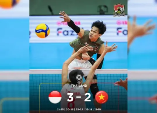 Tim voli putra Indonesia berhasil mencatat kemenangan dramatis atas Vietnam dengan skor 3-2 (21-25, 20-25, 25-22, 25-19, 15-10) di semifinal SEA Games 2025.