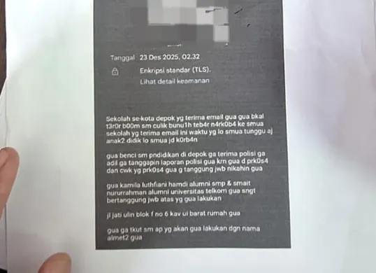 Isi pesan email yang dikirim pelaku teror bom ke sekolah-sekolah yang ada di Depok. (Sumber: Istimewa)