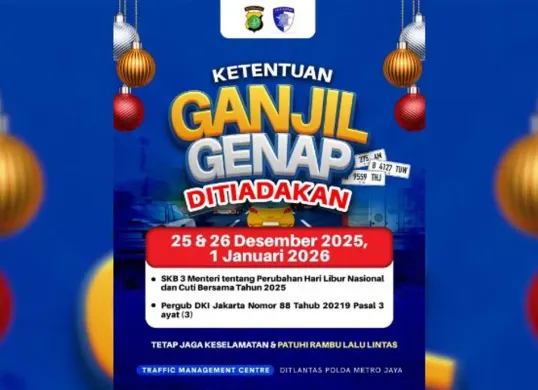 Ganjil genap tidak berlaku di Jakarta pada 25 dan 26 Desember 2025 serta 1 Januari 2026. Baca pengumuman resmi TMC Polda Metro Jaya dan antisipasi kepadatan lalu lintas. (Sumber: Instagram/@tmcpoldametro)