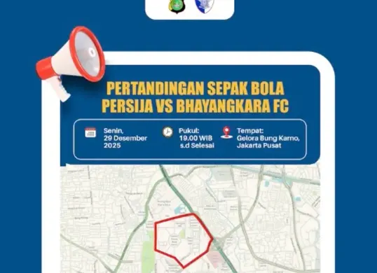 Rute alternatif menghindari kawasan GBK jelang laga Persija Jakarta vs Bhayangkara FC (Sumber: Instagram/@tmcpoldametro)