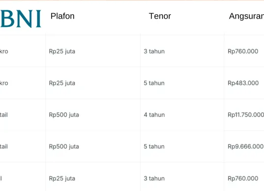 Tabel KUR BNI. (Sumber: Istimewa)