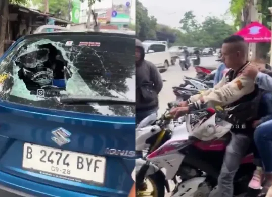 Momen seorang pria melakukan perusakan kaca mobil di Cengkareng, Jakarta Barat. (Sumber: Tangkap Layar X/@baco*tetangga)