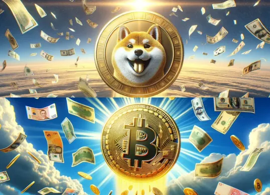 Ilustrasi mata uang kripto Dogecoin (DOGE) dan Bitcoin (BTC). (Sumber: Watcher Guru)