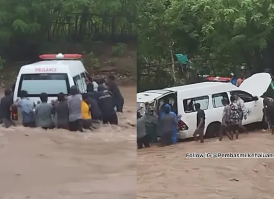 Momen ambulans bawa pasien kritis di Kupang dibantu warga terobos banjir di Sungai Nefopal. (Sumber: Tangkap Layar Instagram/@pembasmi.kehaluan.reall)