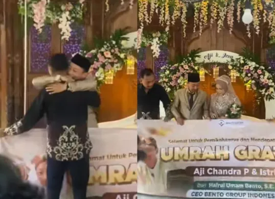 Momen saat pengantin mendapatkan kado umrah gratis dari tamu undangan. (Sumber: Tangkap Layar TikTok/umambento)