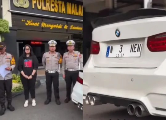 Pengemudi mobil sedan BMW ditangkap polisi seusai viral pakai pelat nomor palsu berbau tidak senonoh. (Sumber: Tangkap Layar Instagram/@funnelmedia)