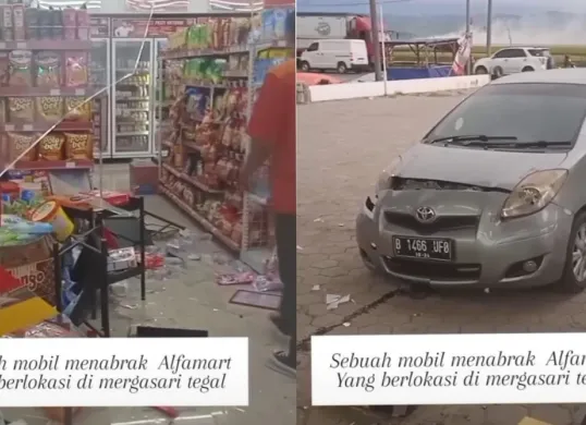 Sebuah mobil di kabupaten Tegal menabrak minimarket gara-gara sang pengemudi salah menginjak pedal  rem malah menginjak pedal gas. (Sumber: Capture kolase Instagram @rodapapat)