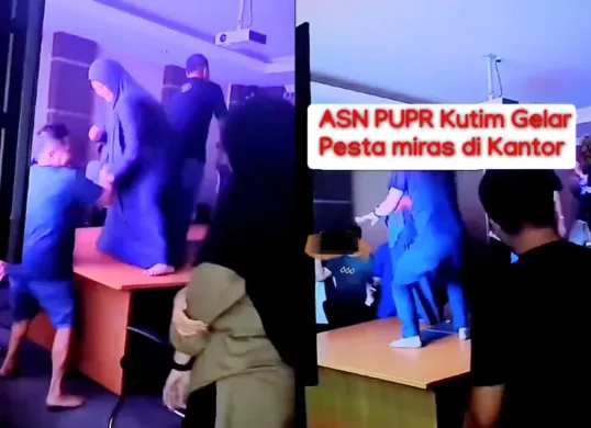 Dalam video viral yang beredar di masyarakat, terlihat sejumlah orang yang diduga ASN PUPR Kutai Timur yang berpesta di kantor. (Sumber: X/@Candj09)