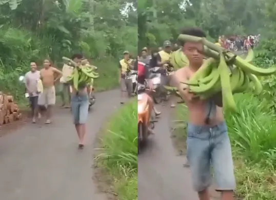 Momen seorang remaja pria di Pati diarak warga karena mencuri pisang untuk sang adik. (Sumber: Tangkap Layar Instagram/@funnelmedia)