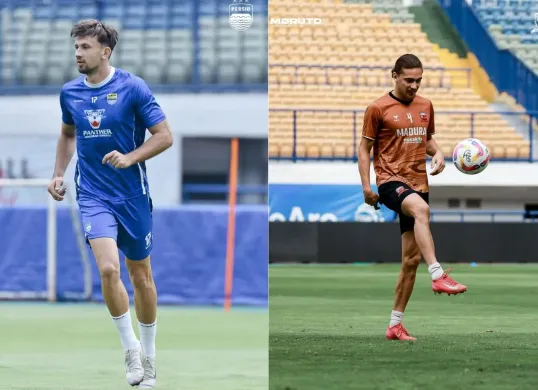 Pemain Persib dan Madura United menggelar sesi latihan jelang duel pada Sabtu, 22 Februari 2025, di Stadion Gelora Bandung Lautan Api (GBLA). (Sumber: Instagram/@persib dan @maduraunited.fc)