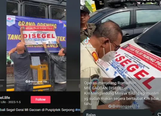 Penyegelan yang dilakukan oleh Satpol PP di Tangsel ternyata bukan karena kandungan minyak babi. (Sumber: TikTok/@Tangsel.life)