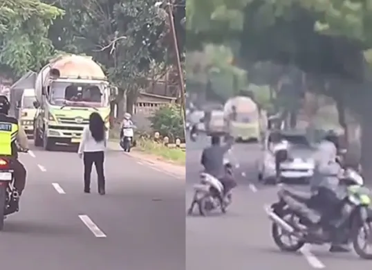 Momen seorang wanita nekat menabrakkan diri ke kendaraan yang melintas di Jombang. (Sumber: Tangkap Layar Instagram/@fakta.indo)