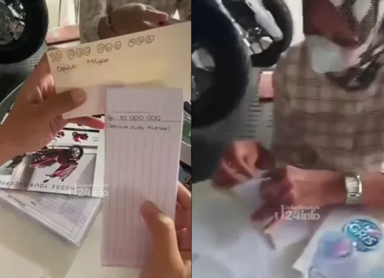 Seorang ibu memaksa ingin membeli motor baru pakai uang kertas dengan tulisan tangan. (Sumber: Tangkap Layar Instagram/@jabodetabek24info)