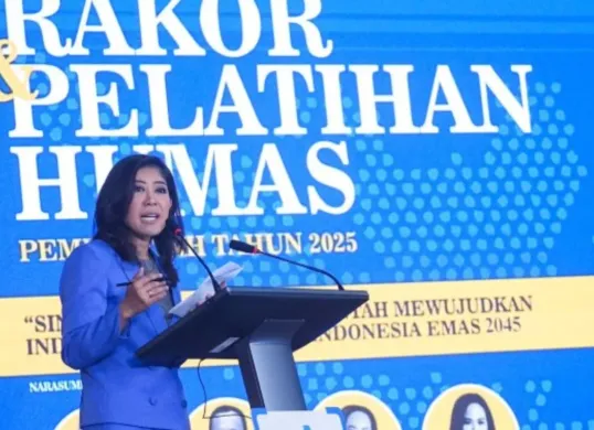 Menkomdigi, Meutya Hafid dalam Rapat Koordinasi dan Pelatihan Humas Pemerintah di Pusat Pendidikan dan Pelatihan Kementerian Komunikasi dan Digital (Pusdiklat Kemkomdigi), Jakarta, Rabu, 26 Februari 2025. (Sumber: Dok. Komdigi)