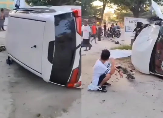 Mobil menabrak dua sepeda motor di Pekanbaru hingga satu keluarga meninggal dunia. (Sumber: Tangkap Layar Instagram/@medsos_rame)