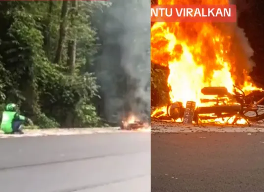 Motor driver ojol di Makassar terbakar di pinggir jalan saat sedang mencari rezeki. (Sumber: Tangkap Layar TikTok/@adyjie05)