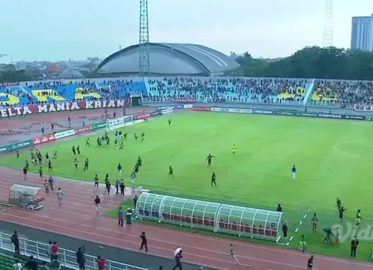 Tangkap layar kericuhan yang pecah di laga Deltras FC vs Persibo Bojonegoro pada pekan terakhir Grup 3 Liga 2 2024-25, sesaat setelah gol Persibo.