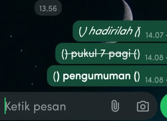 Tingkatkan komunikasi di WhatsApp dengan membuat tulisan tebal, miring, atau tercoret. Simak tutorial lengkapnya. (Sumber: Poskota/Neni Nuraeni/WhatsApp)