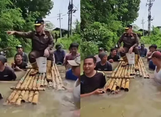 Direktur Utama PDAM di Bangkalan menuai kritikan dari netizen seusai naik rakit didorong oleh warga saat melintasi banjir. (Sumber: Tangkap Layar Instagram/@mood.jakarta, @medsos_rame)