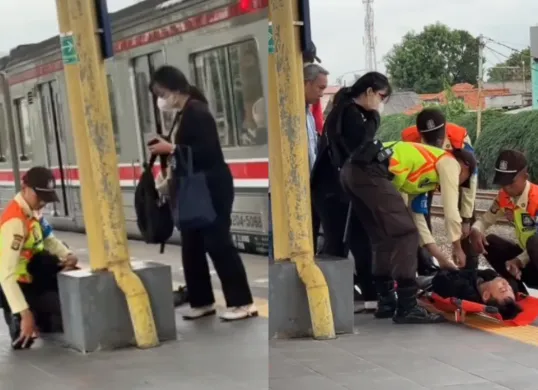 Viral aksi sigap petugas keamanan membantu penumpang KRL yang pingsan di Stasiun Kranji. (Sumber: Tangkap Layar Instagram/@mood.jakarta)