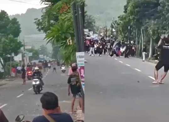 Momen dua kelompok pesilat melakukan tawuran di Tulungagung, Jawa Timur. (Sumber: Tangkap Layar Instagram/@mood.jakarta)