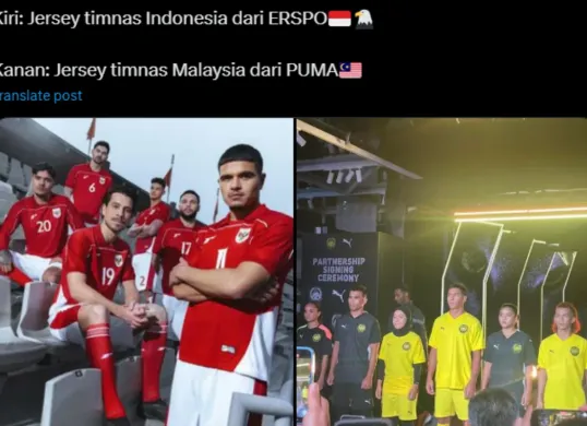 Perbandingan jersey Timnas Indonesia baru dan Malaysia. (Sumber: X/@gilabola_ina)