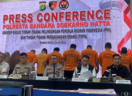 Polresta Bandara Soekarno-Hatta menggelar ekspose perkara sindikat TPPO pada Kamis, 3 Juli 2025. (Sumber: POSKOTA | Foto: Primayanti)