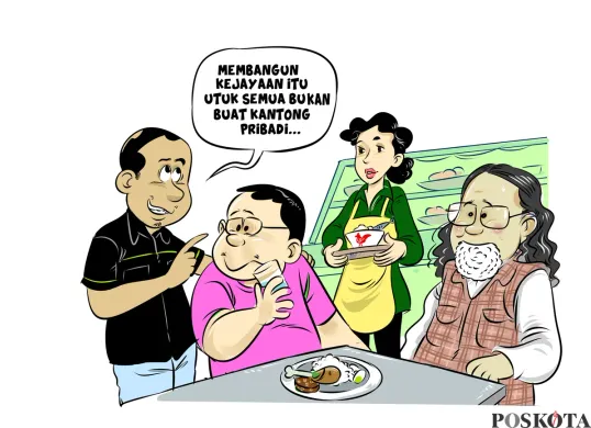 Seorang pria menasihati temannya di warteg sambil berkata, "Membangun kejayaan itu untuk semua bukan buat kantong pribadi." Suasana santai terlihat dari makanan sederhana dan ekspresi para tokoh yang penuh makna. (Sumber: Poskota/Arif Setiadi)