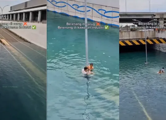 Video viral TikTok tunjukkan anak-anak berenang di banjir underpass Cikarang. Airnya bening tak seperti banjir biasa. (Sumber: TikTok/@cahyotogog_)