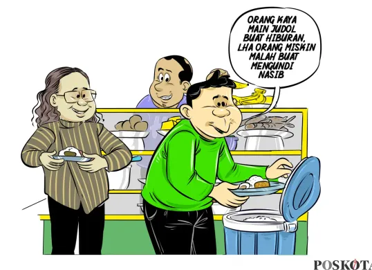 Ilustrasi obrolan santai di warteg. Seorang pria berkaus hijau melontarkan sindiran soal judi online: “Orang kaya main judol buat hiburan, lha orang miskin malah buat mengundi nasib.” (Sumber: Poskota/Arif Setiadi)