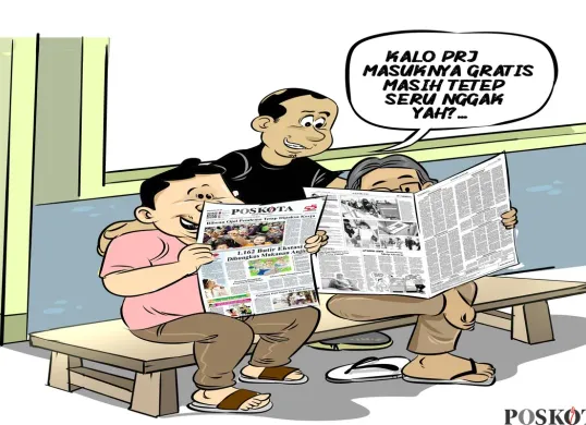 Tiga pria sedang berbincang santai di warteg sambil membaca koran. Salah satu dari mereka melontarkan pertanyaan kritis soal PRJ, “Kalo PRJ masuknya gratis, masih tetep seru nggak yah?” (Sumber: Poskota/Arif Setiadi)