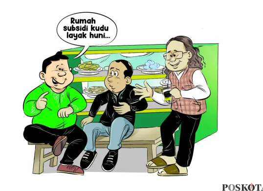 Tiga pria berdiskusi santai di warteg membahas rumah subsidi. Salah satu dari mereka menegaskan, “Rumah subsidi kudu layak huni.” (Sumber: Poskota/Arif Setiadi)