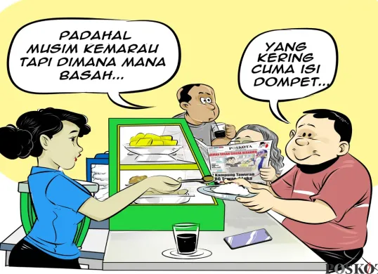 Pelanggan dan penjual warteg berkelakar soal musim kemarau yang masih diwarnai hujan, sementara dompet mereka justru “kering.” Ilustrasi ini menyoroti ironi cuaca ekstrem dan tekanan ekonomi yang dirasakan masyarakat. (Sumber: Poskota/Arif Setiadi)