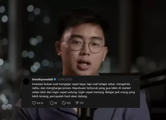 Investasi bukan soal mengejar cepat kaya, tapi soal belajar sabar, mengelola nafsu, dan menghargai proses.”
— Timothy Ronald (Sumber: Instagram/@timothyronald)