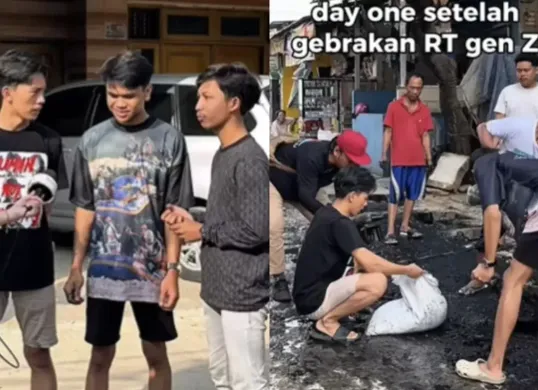 Sahdan Arya Maulana (tengah) bersama Vemmas Wahyu Rianto dan Riski Saputra saat proses pengecoran jalan rusak di Rawa Badak Selatan, Jakarta Utara. (Sumber: Tiktok/@rusaput1h)