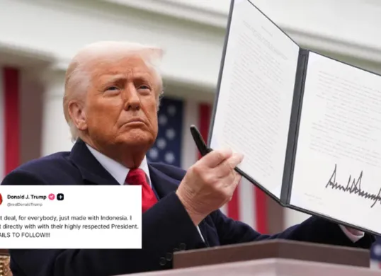 Donald Trump konfirmasi penerapan tarif 19 persen untuk impor dari Indonesia. (Sumber: X/@Investingcom)