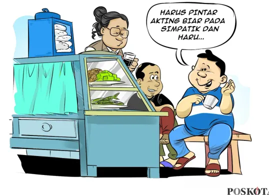 Ilustrasi tiga orang di warung kopi, salah satunya berkata, “Harus pintar akting biar pada simpatik dan haru...” Kartun ini menyindir perilaku pencitraan demi menarik simpati publik. (Sumber: Poskota/Arif Setiadi)