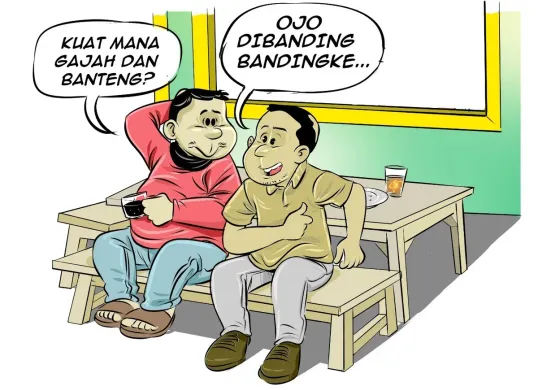 Dua pria tengah ngobrol santai di warteg membahas perbandingan antara gajah dan banteng. Salah satu dari mereka menanggapi dengan guyon khas: "Ojo dibanding-bandingke..." yang artinya, jangan dibanding-bandingkan. (Sumber: Poskota/Arif Setiadi)